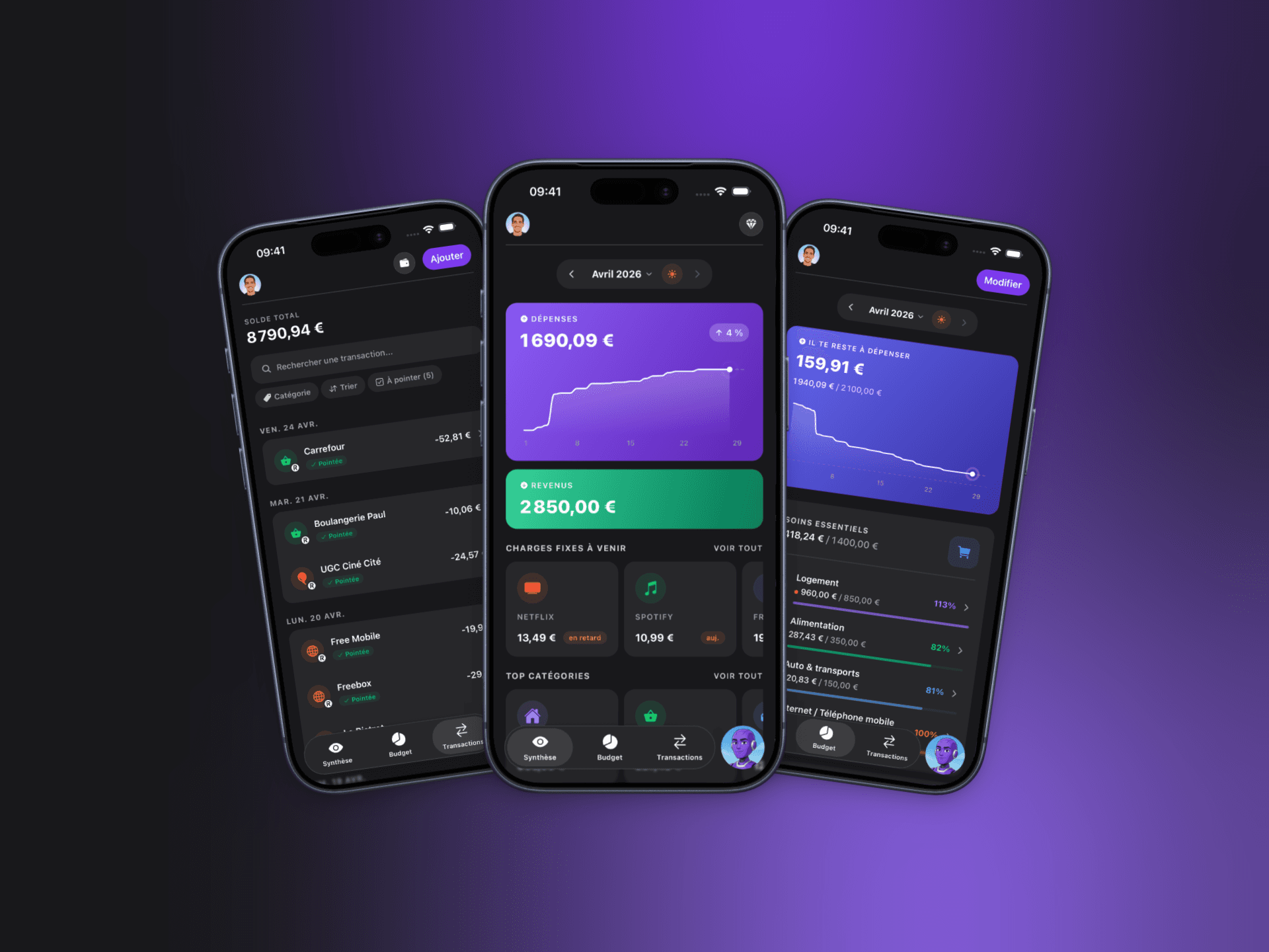 Aperçu de l'application Trya — vue budget, transactions et patrimoine sur trois écrans iPhone